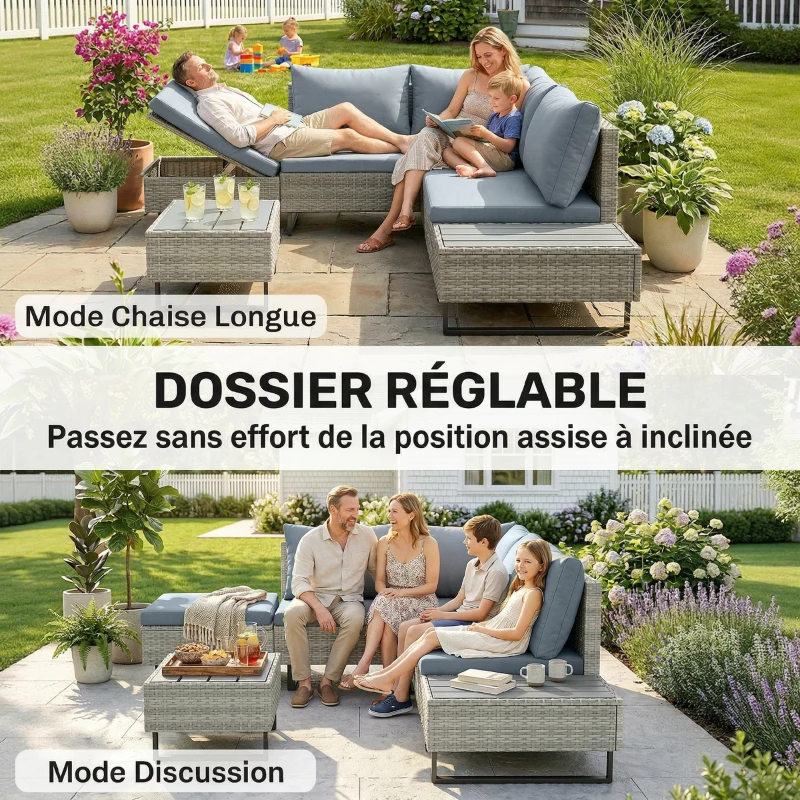 Outsunny Salon de Jardin d'Angle en Résine Tressée 5 Places Modulable avec Méridienne Réglable avec Table en Composite Gris