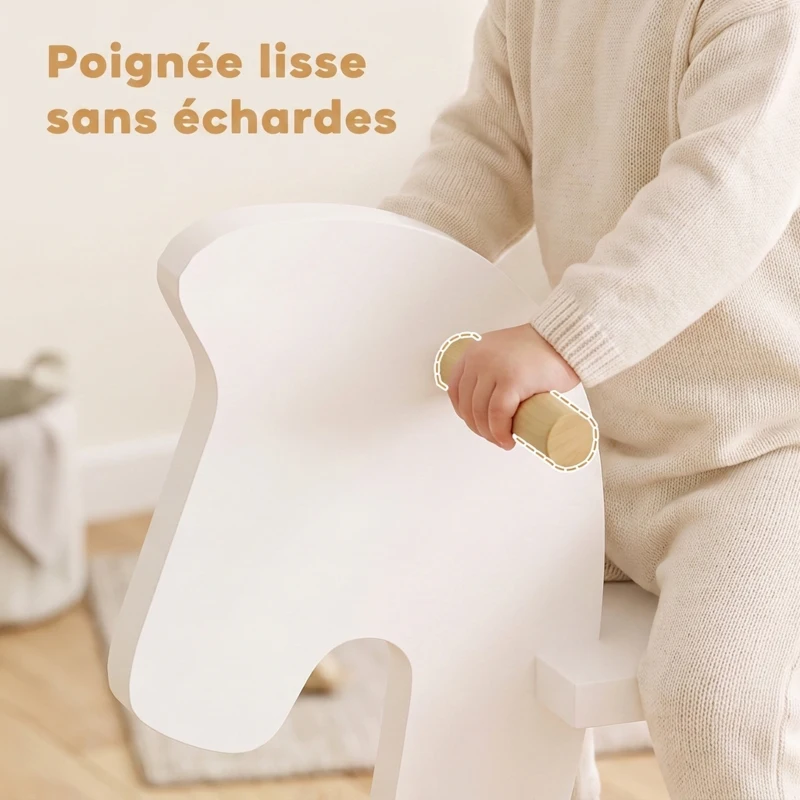 HOMCOM Cheval à Bascule en Bois - Jeu à Bascule Avec Poignées, Repose-Pied et Butées - MDF Contreplaqué Blanc et Bois Naturel