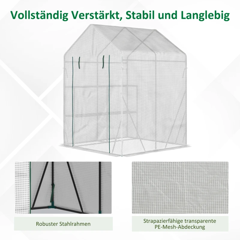 Outsunny kunststof kas met 4 planken en stalen frame, wit, 143 x 143 x 195 cm