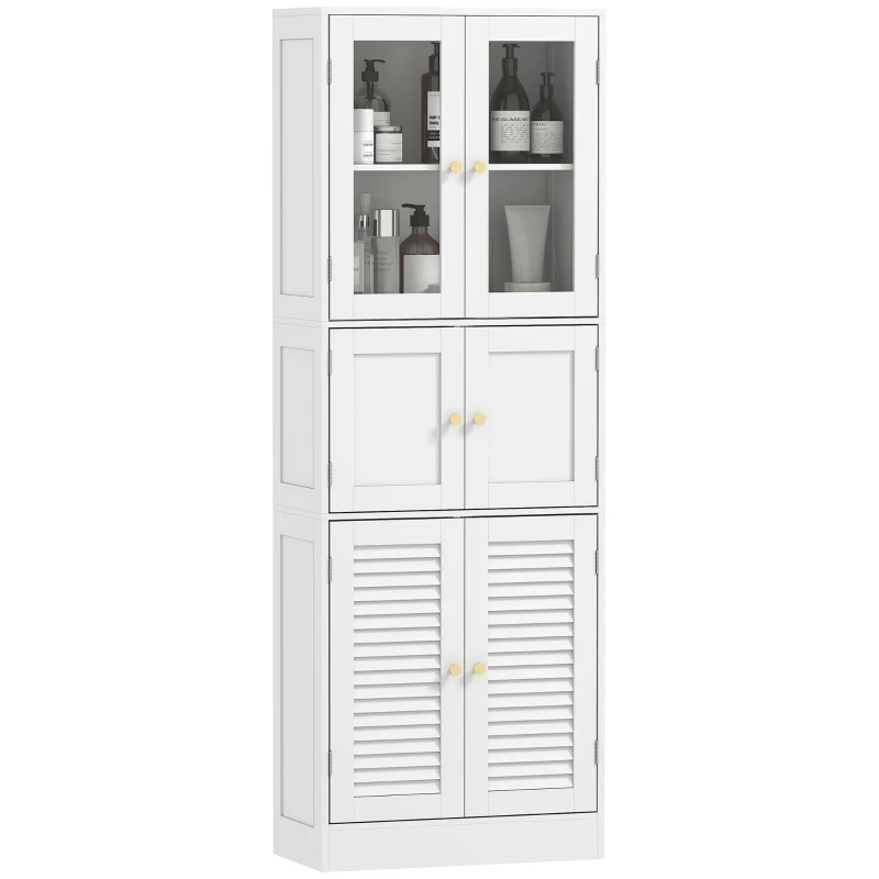 HOMCOM Meuble de salle de bain haut, meuble de rangement avec 6 portes dont 2 vitrées et 2 persiennes, étagère réglable, blanc