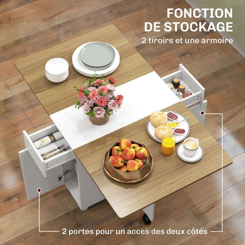 HOMCOM Table à manger pliable pour 6 personnes, table de cuisine sur roulettes avec 2 tiroirs 2 placards, 140x76x74cm, blanc