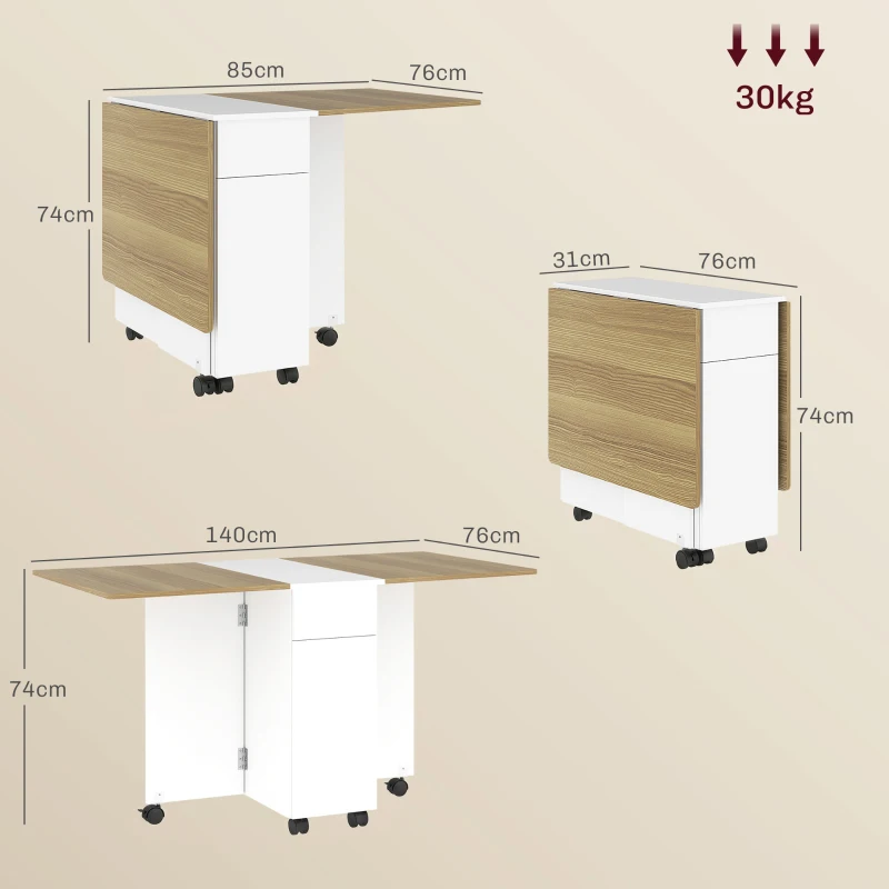 HOMCOM Table à manger pliable pour 6 personnes, table de cuisine sur roulettes avec 2 tiroirs 2 placards, 140x76x74cm, blanc