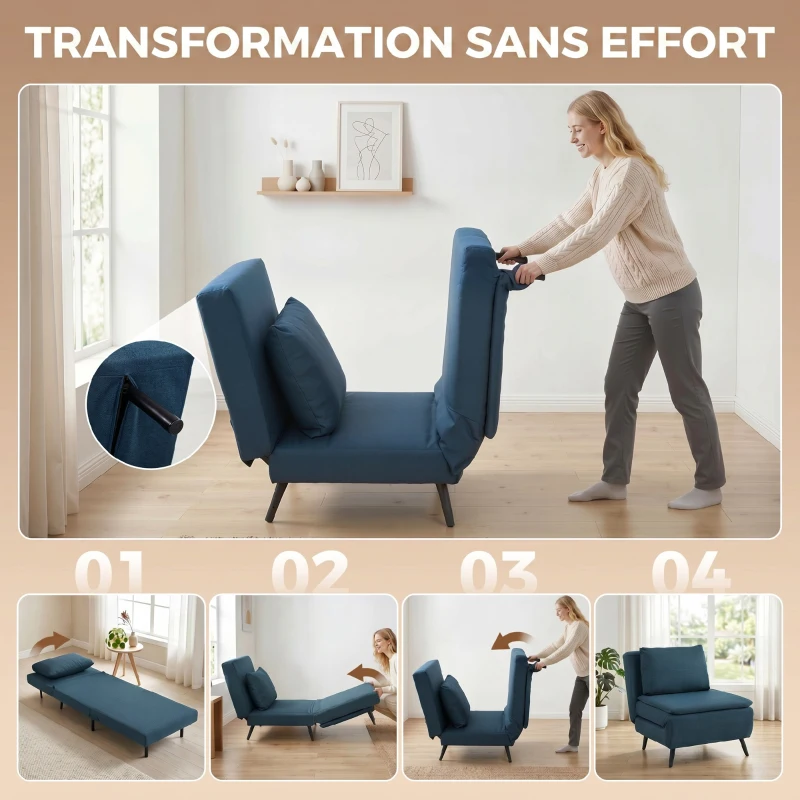 HOMCOM Fauteuil Convertible 1 Place, Fauteuil-Lit Clic-Clac 3 en 1 avec Dossier Réglable, Oreiller, Assise Large, Bleu