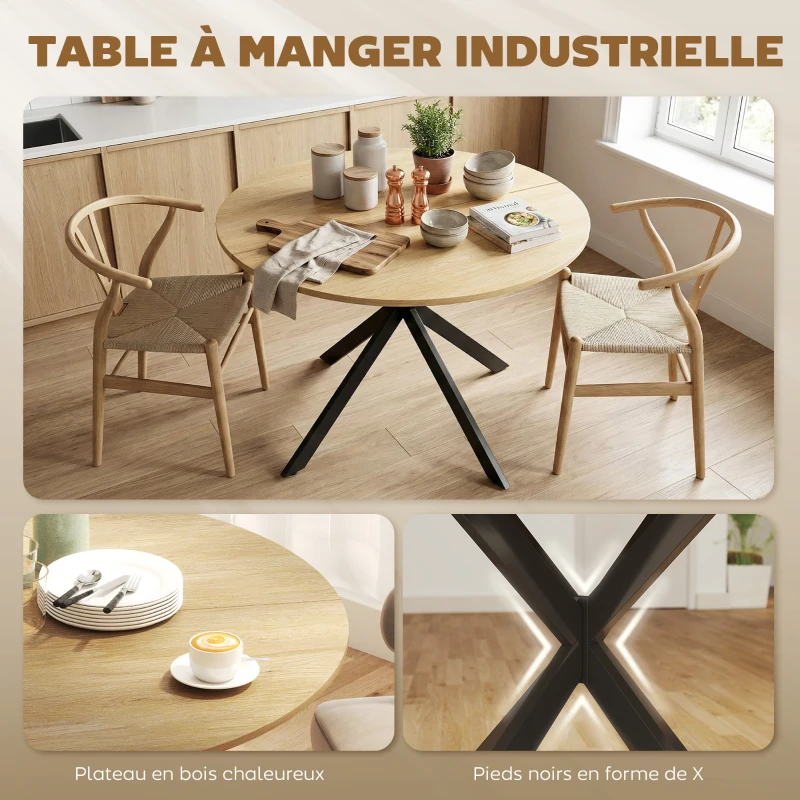 HOMCOM Table à Manger Ronde pour 4 Personnes 100 cm, Style Industriel avec Plateau Aspect Bois, Piètement Croisé en Acier Chêne