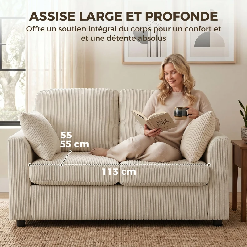 HOMCOM Canapé 2 Places en Velours Côtelé, Canapé de Salon 144 cm avec Assise Large Rembourrée, 2 Oreillers, Beige