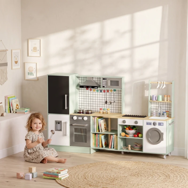 AIYAPLAY Kinderküche Nachahmungsspielzeug, Mikrowelle, Ofen, drehbare Arbeitsfläche auf Rollen, 160x32x97,5cm, Hellgrün