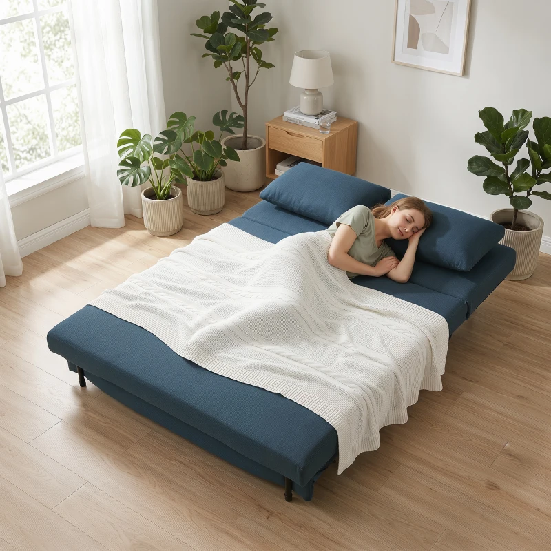 HOMCOM Canapé Convertible 2 Places, Canapé-Lit Clic-Clac 3 en 1 avec Dossier Réglable, Oreiller, Assise Large, Bleu