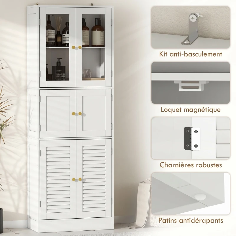HOMCOM Meuble de salle de bain haut, meuble de rangement avec 6 portes dont 2 vitrées et 2 persiennes, étagère réglable, blanc