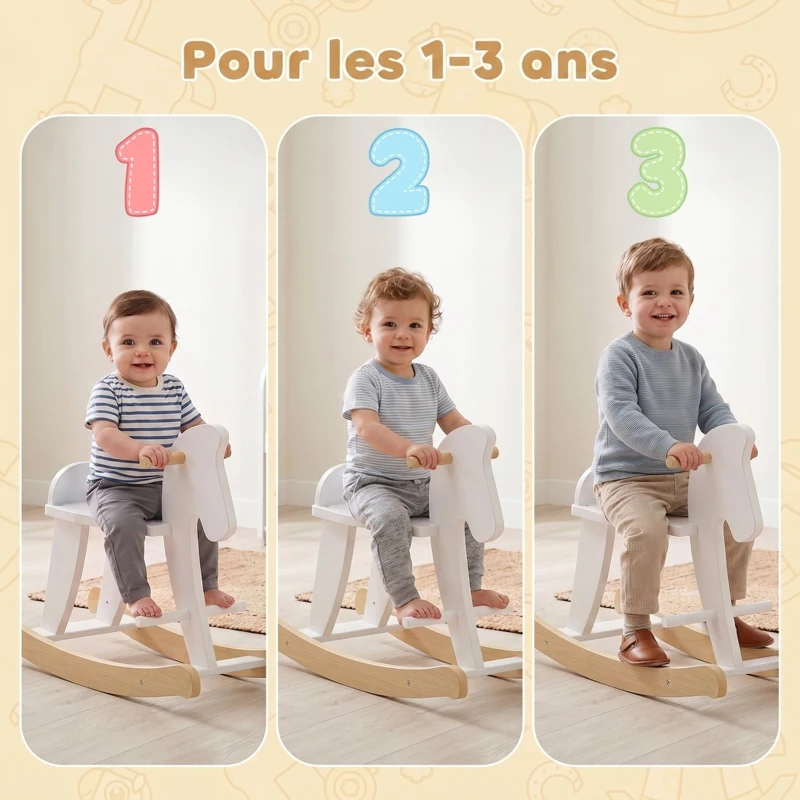 HOMCOM Cheval à Bascule en Bois - Jeu à Bascule Avec Poignées, Repose-Pied et Butées - MDF Contreplaqué Blanc et Bois Naturel