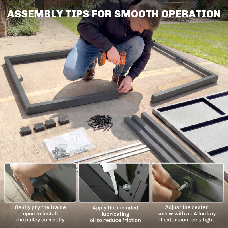 Outsunny Table de Jardin Extensible Plateau Aluminium Effet Bois Pieds Réglables 8-10 Personnes 214x85x75cm Gris Anthracite