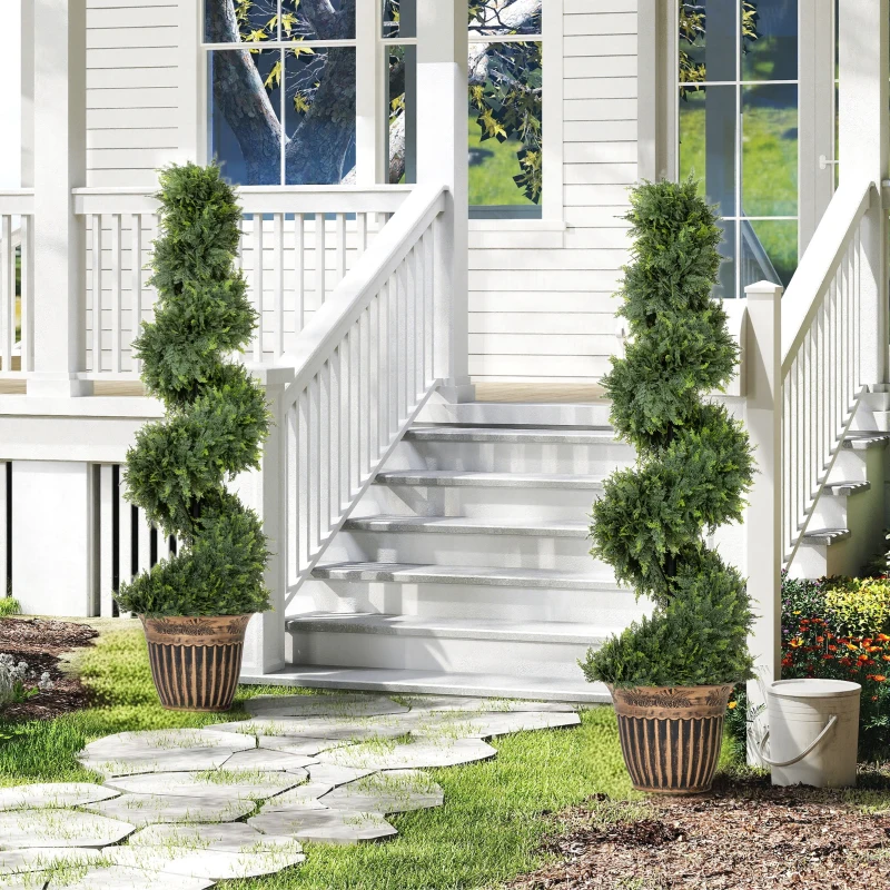 HOMCOM Ciprés en espiral, set de 2 plantas artificiales, con maceta, 120 cm de altura, verde