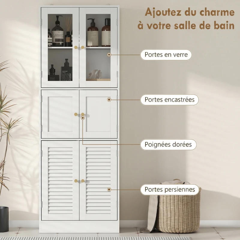 HOMCOM Meuble de salle de bain haut, meuble de rangement avec 6 portes dont 2 vitrées et 2 persiennes, étagère réglable, blanc