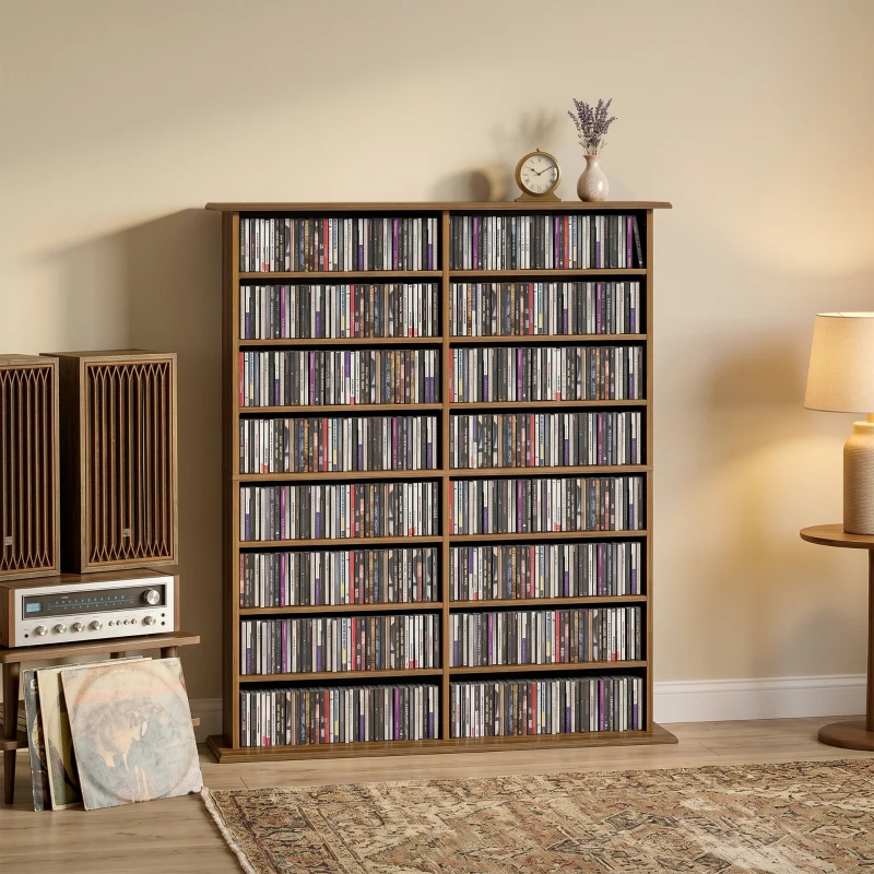 HOMCOM Rangements pour CD et DVD avec 16 compartiments et 12 étagères réglables capacité max. 720 CD/396 DVD et Blu-ray noyer