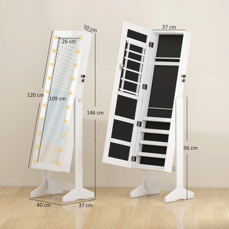 HOMCOM Armoire à Bijoux Armoire de Rangement sur Pied avec Miroir et Serrure Éclarage LED MDF 40 x 37 x 146 cm Blanc