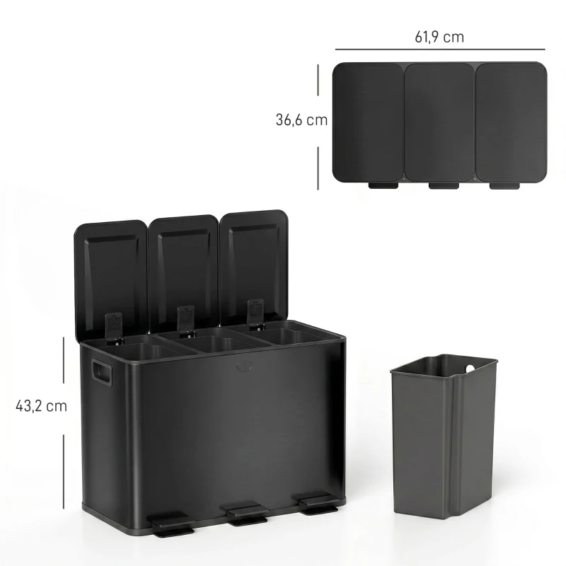 HOMCOM Prullenbak met 3 x 15L Compartimenten, Deodorantdeksels, Vingerafdrukbestendig, Soft-Close, Verwijderbaar, Zwart(m-3)