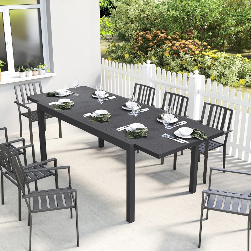 Outsunny Table de Jardin Extensible Plateau Aluminium Effet Bois Pieds Réglables 8-10 Personnes 214x85x75cm Gris Anthracite
