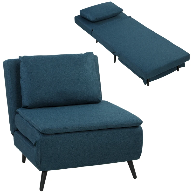 HOMCOM Fauteuil Convertible 1 Place, Fauteuil-Lit Clic-Clac 3 en 1 avec Dossier Réglable, Oreiller, Assise Large, Bleu