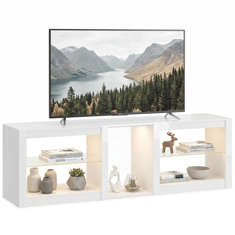 HOMCOM TV-lowboard met RGB-LED-verlichting, modern tv-meubel met verstelbare glazen planken, voor televisies tot 190,5 cm, wit