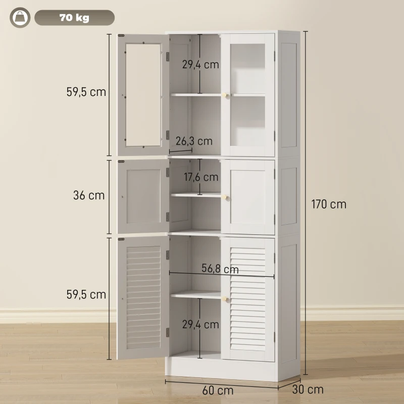 HOMCOM Meuble de salle de bain haut, meuble de rangement avec 6 portes dont 2 vitrées et 2 persiennes, étagère réglable, blanc