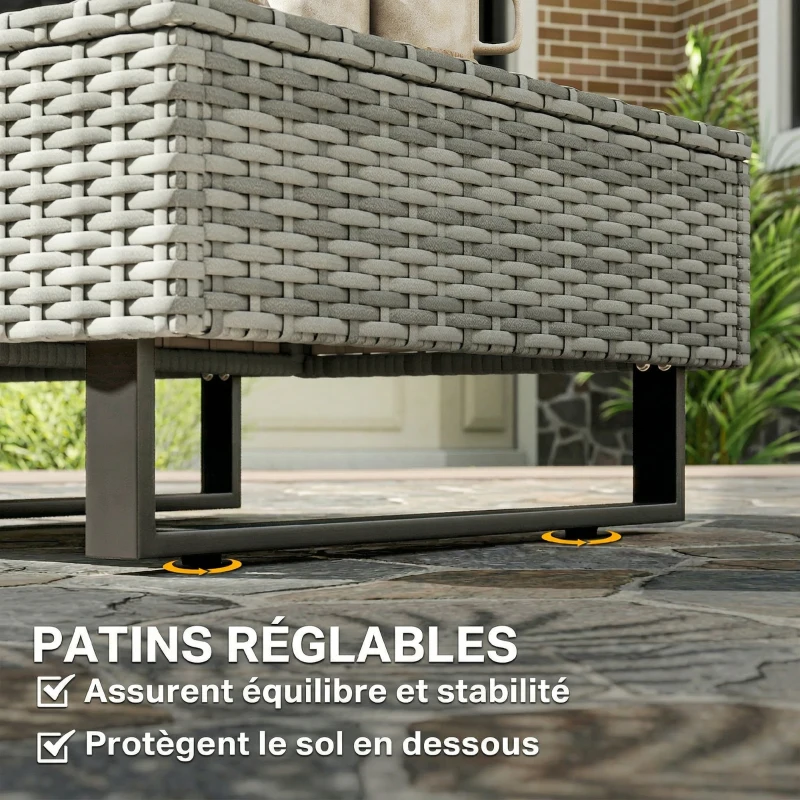 Outsunny Salon de Jardin d'Angle en Résine Tressée 5 Places Modulable avec Méridienne Réglable avec Table en Composite Gris
