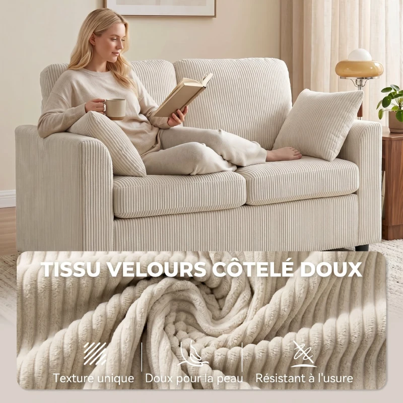 HOMCOM Canapé 2 Places en Velours Côtelé, Canapé de Salon 144 cm avec Assise Large Rembourrée, 2 Oreillers, Beige