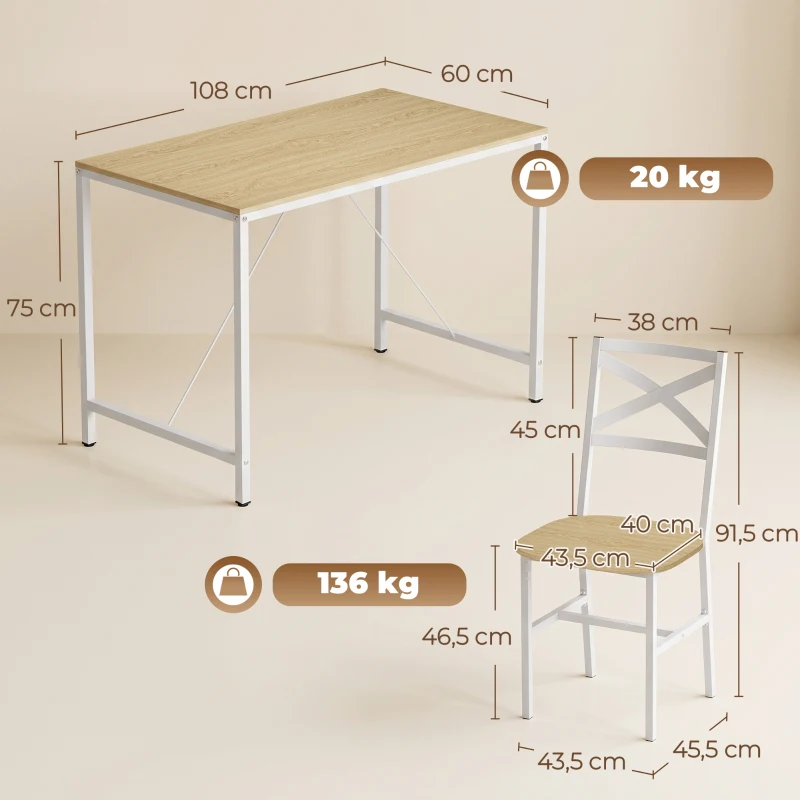 HOMCOM Ensemble Table Salle à Manger avec 4 Chaises, Table de Cuisine avec Chaises pour 4 Personnes, Bois Naturel et Blanc