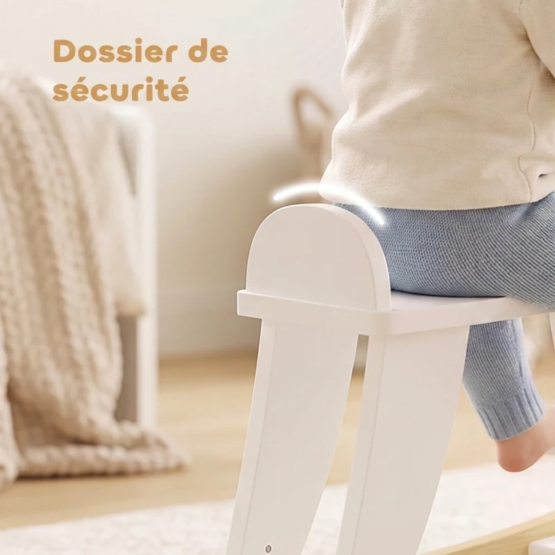 HOMCOM Cheval à Bascule en Bois - Jeu à Bascule Avec Poignées, Repose-Pied et Butées - MDF Contreplaqué Blanc et Bois Naturel