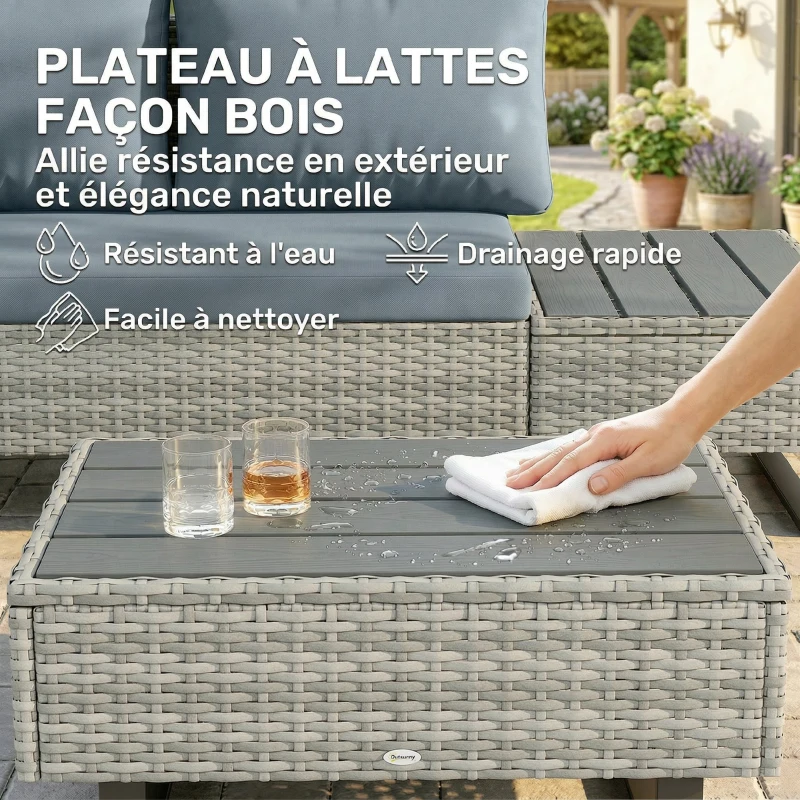 Outsunny Salon de Jardin d'Angle en Résine Tressée 5 Places Modulable avec Méridienne Réglable avec Table en Composite Gris