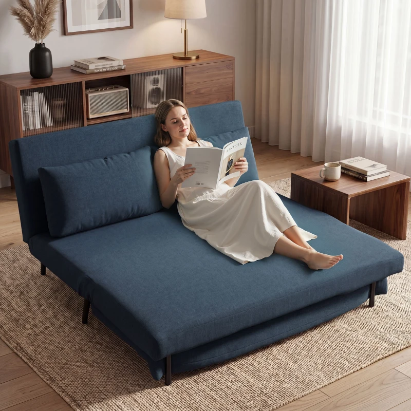HOMCOM Canapé Convertible 2 Places, Canapé-Lit Clic-Clac 3 en 1 avec Dossier Réglable, Oreiller, Assise Large, Bleu