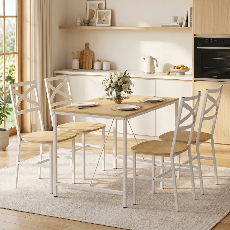 HOMCOM Ensemble Table Salle à Manger avec 4 Chaises, Table de Cuisine avec Chaises pour 4 Personnes, Bois Naturel et Blanc