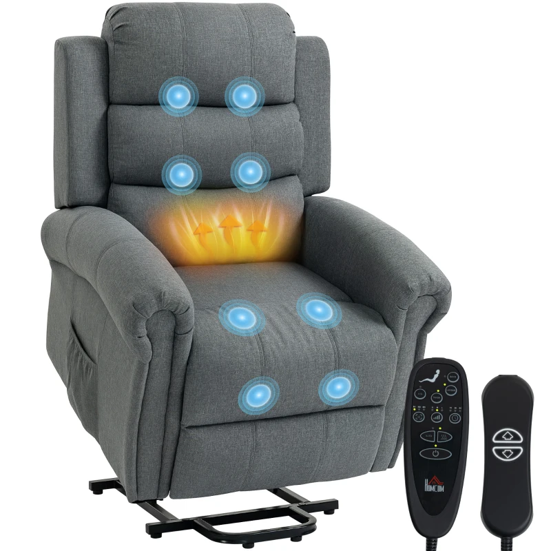 HOMCOM Massagesessel mit Aufstehhilfe, Relaxsessel, Vibrationsköpfe, mit Neigefunktion, Leinenoptik, Grau