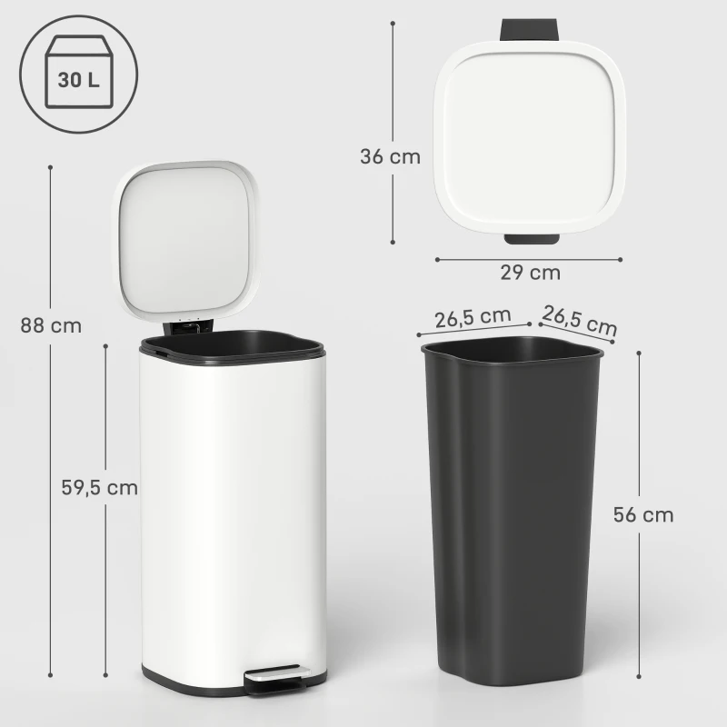 HOMCOM 30L Küchenmülleimer Pedaleimer mit Deckel, Soft-Close- und Offenhalte-Funktion für Küche, Zuhause