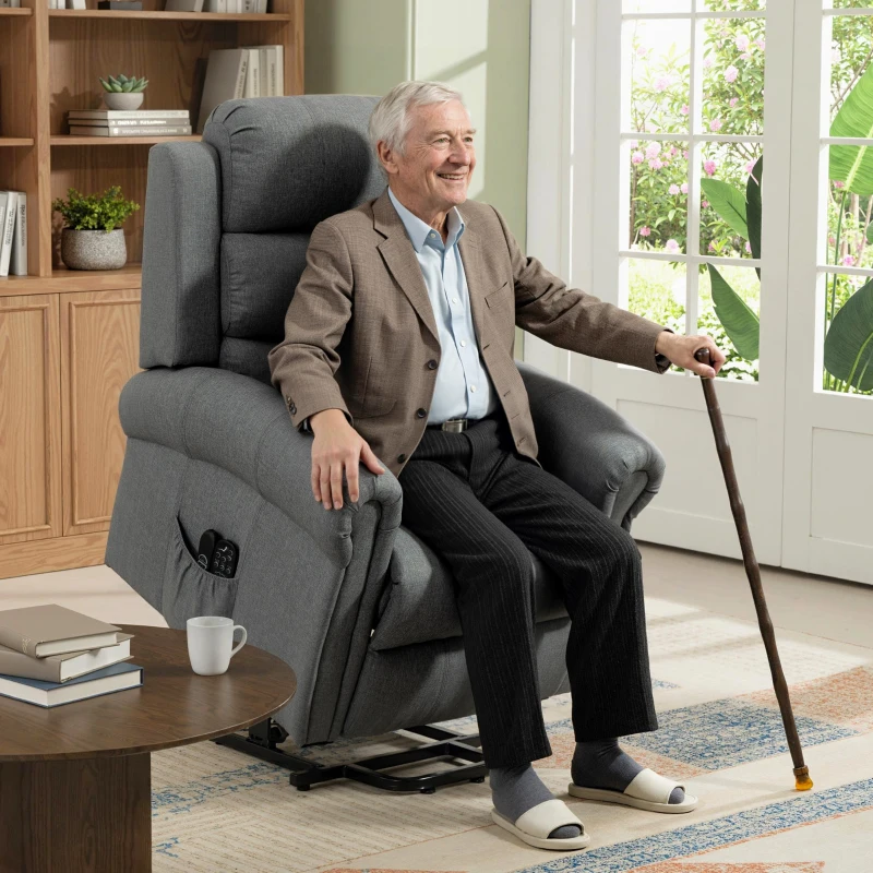 HOMCOM Massagesessel mit Aufstehhilfe, Relaxsessel, Vibrationsköpfe, mit Neigefunktion, Leinenoptik, Grau