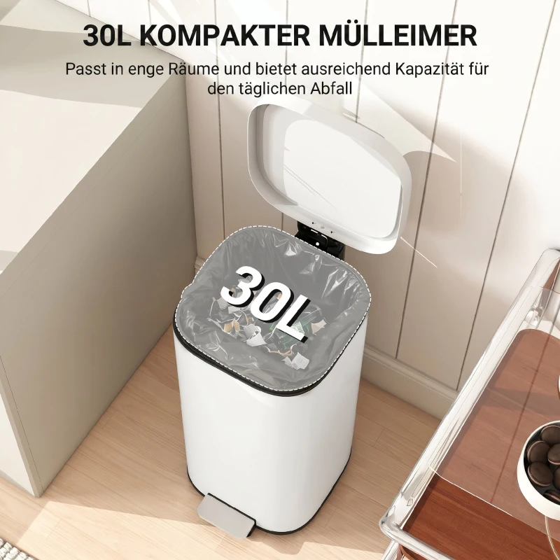 HOMCOM 30L Küchenmülleimer Pedaleimer mit Deckel, Soft-Close- und Offenhalte-Funktion für Küche, Zuhause