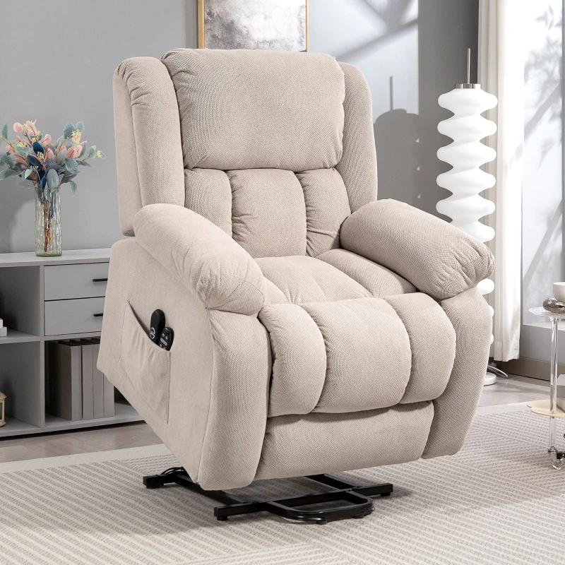HOMCOM Fernsehsessel mit Massage- und Wärmefunktion, Elektrischer Aufsteh-Sessel, Fernbedienung, Seitentaschen, Beige