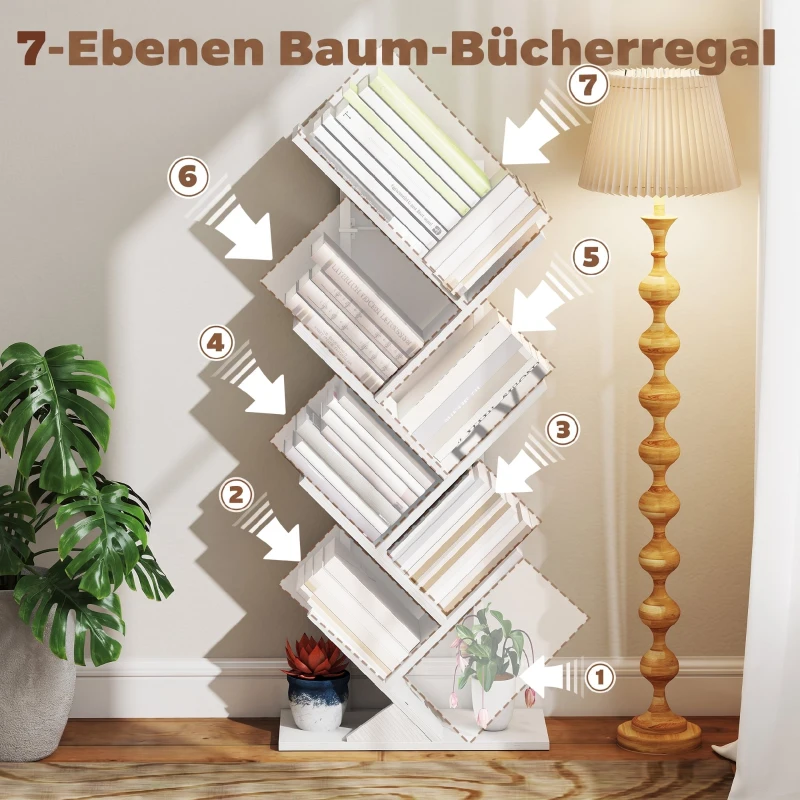 HOMCOM Bücherregal Standregal mit 7 Ebenen Schmal Regal im Baumform für Büro, Rustikal Weiß