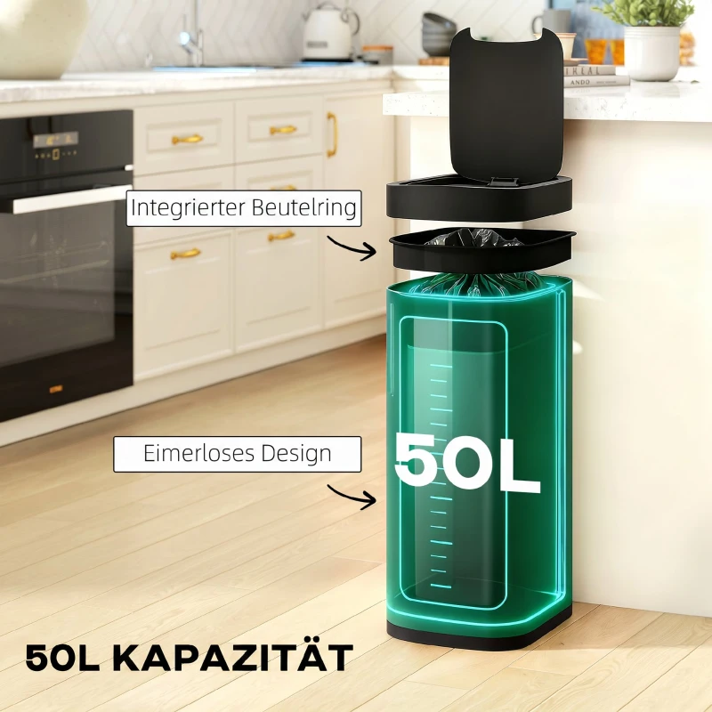 HOMCOM 50L Sensor-Mülleimer, berührungslos Küchenmülleimer mit Bewegungssensor, fingerabdruckresistent