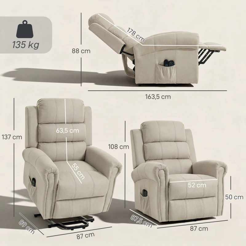 HOMCOM Massagesessel mit Aufstehhilfe, Relaxsessel, Vibrationsköpfe, mit Neigefunktion, Leinenoptik, Beige