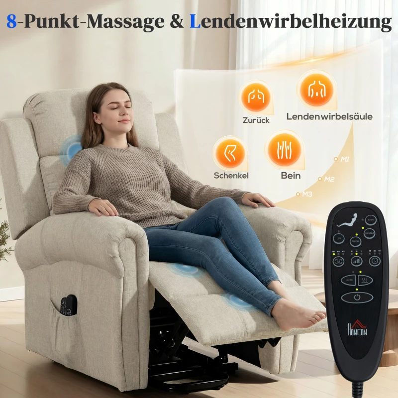 HOMCOM Massagesessel mit Aufstehhilfe, Relaxsessel, Vibrationsköpfe, mit Neigefunktion, Leinenoptik, Beige
