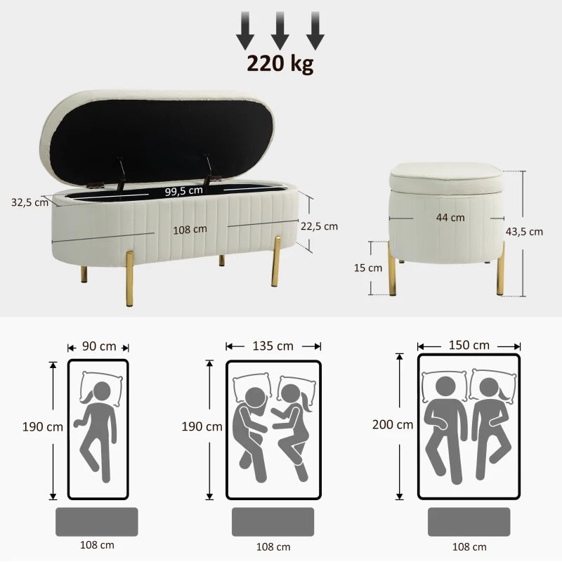 HOMCOM Sitzbank mit Klappdeckel und Stauraum, Stoffbezug, Metall, Cremeweiß+Golden(m-3)