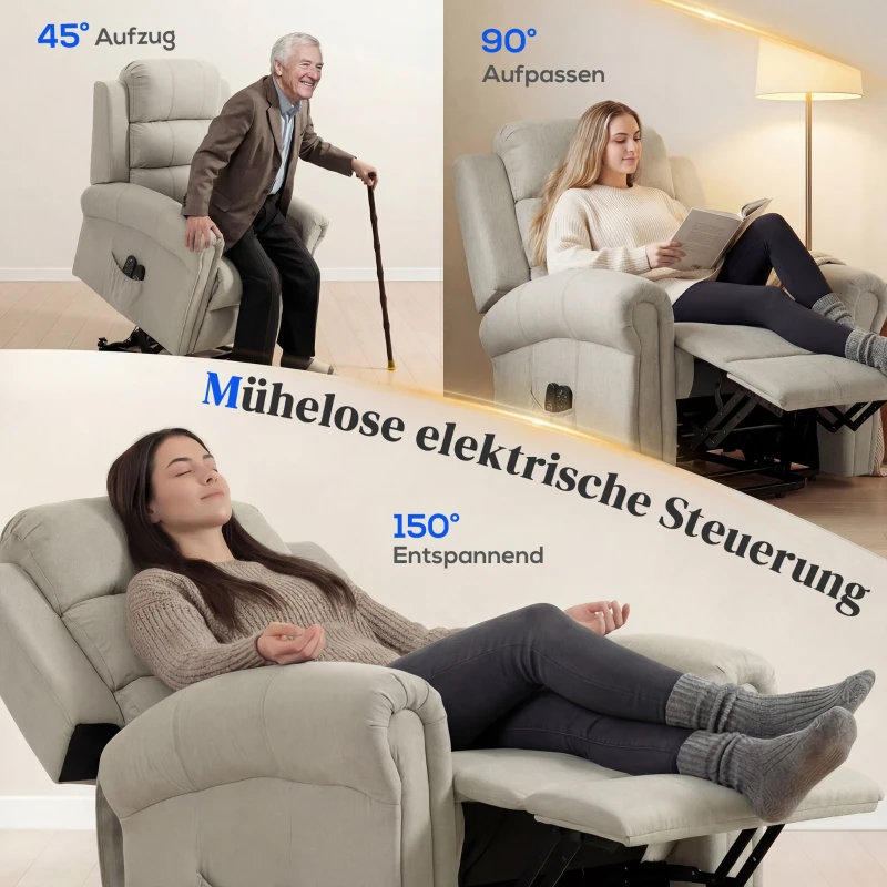 HOMCOM Massagesessel mit Aufstehhilfe, Relaxsessel, Vibrationsköpfe, mit Neigefunktion, Leinenoptik, Beige