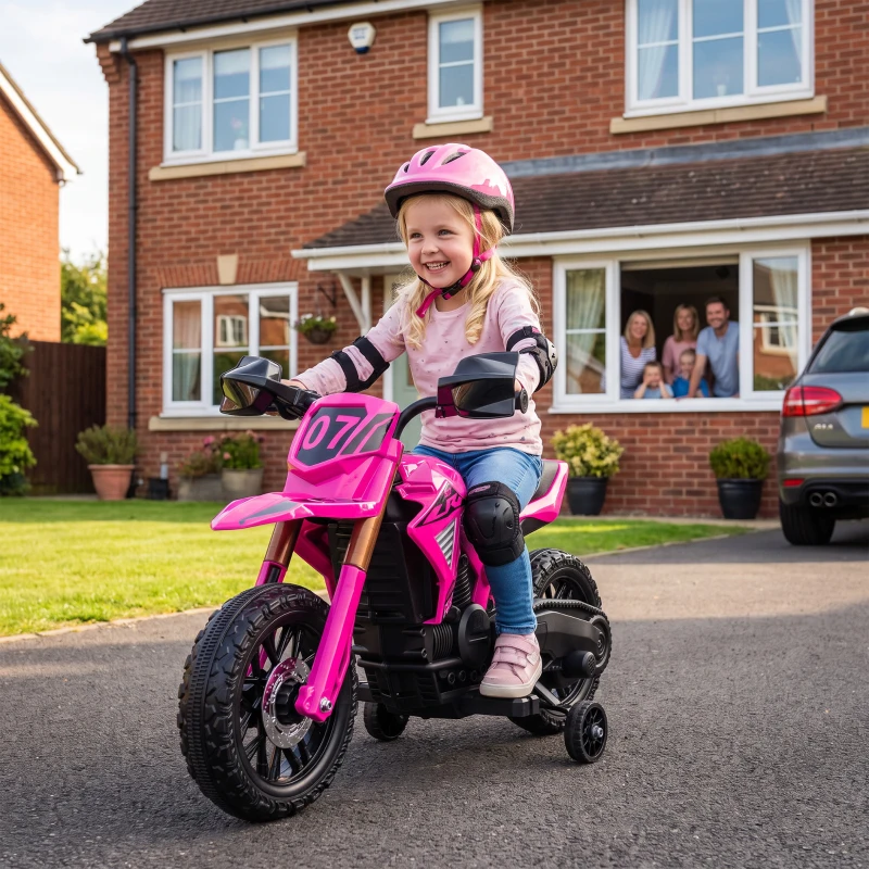 AIYAPLAY Elektro-Motorrad für Kinder, 12V Kindermotorrad mit Stützrädern, Kinderfahrzeug mit Hupe und Startgeräusch, 3 km/h, Rosa(m-10)