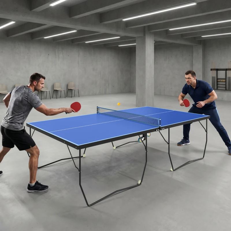 SPORTNOW 9FT Folding Tennis Table, with 8 Wheels, for Indoor Use, Blue