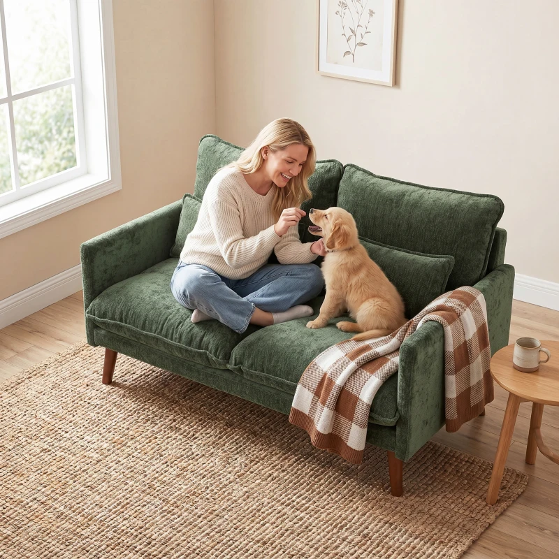 HOMCOM 2 Seater Sofa, Loveseat Sofa with Spring Cushions, Wide and Deep Seat, Wood Legs, Green