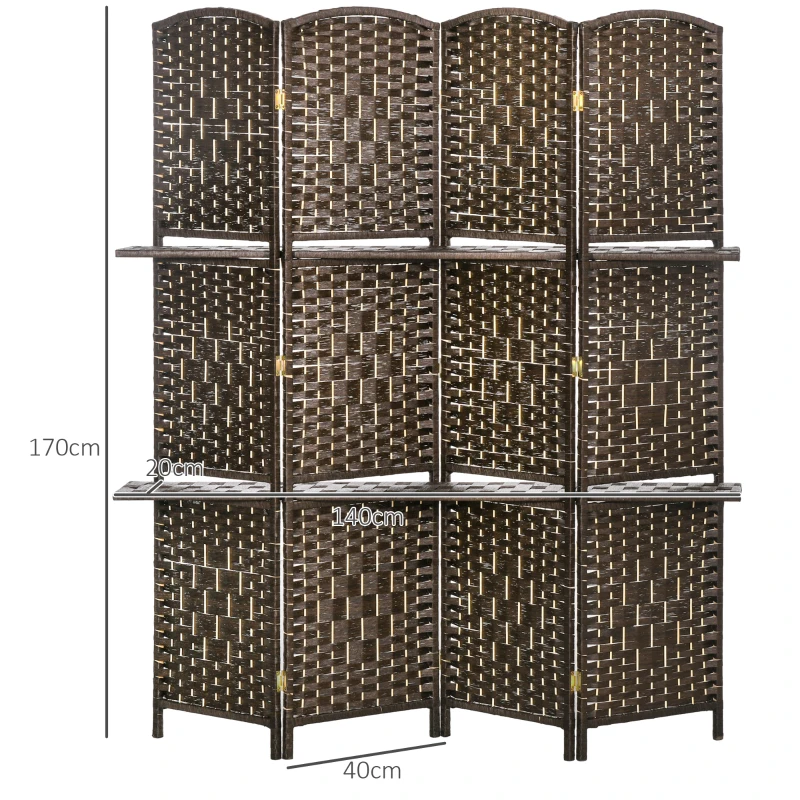 HOMCOM Biombo Separador de Ambientes 4 Paneles 160x170 cm con 2 Estantes de Exhibición Pantalla de Privacidad Plegable Marrón