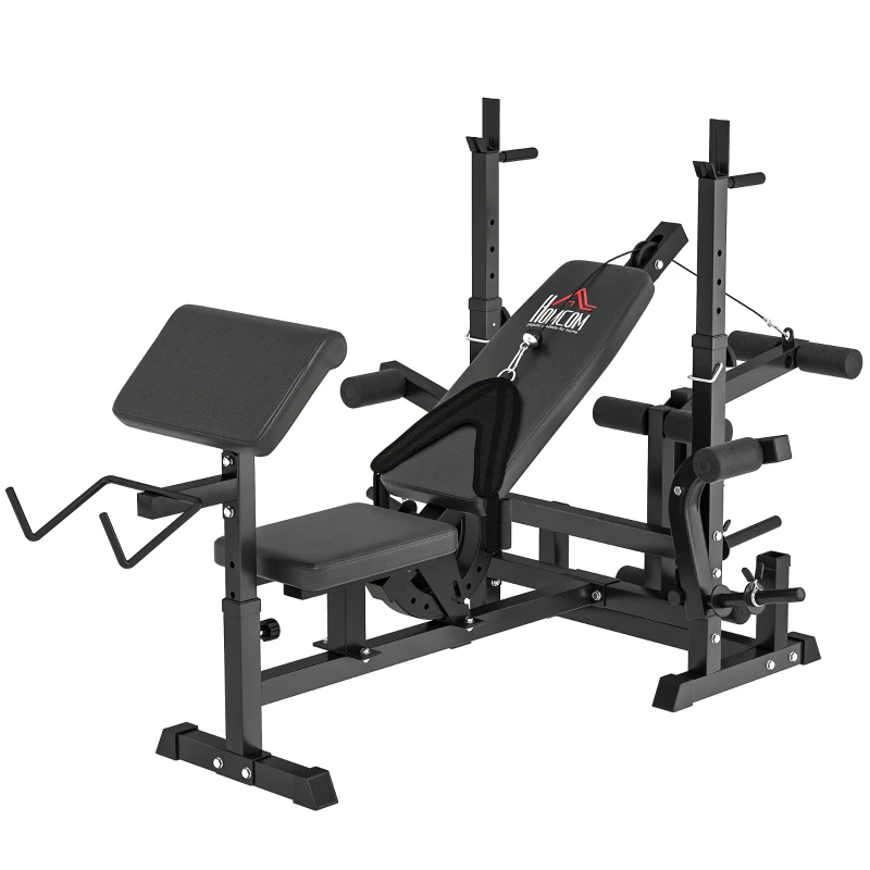 HOMCOM Bancă de Fitness Reglabilă cu Suport pentru Halteră, din Oțel și PU, 210x110x103-123 cm, Negru