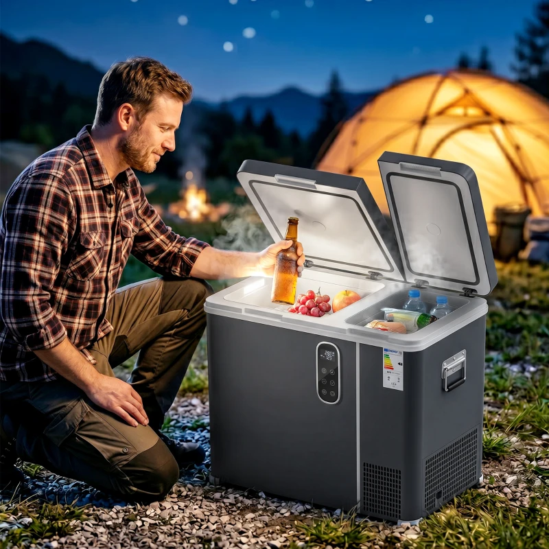 Outsunny 55L Compressor Car Fridge Freezer, Dual Zone Camping Refrigerator with App Control, Grey