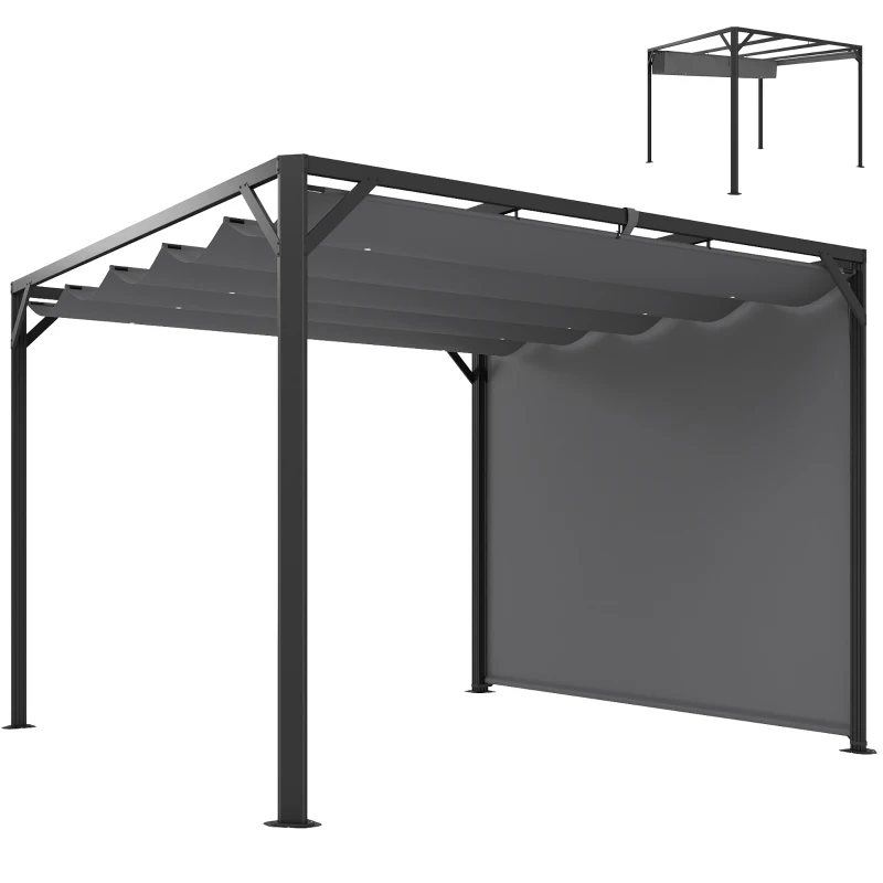 Outsunny Gazebo Pergolă Retractabilă 3x3 m cu Tendă Rulantă și Orificii de Drenaj, din Oțel și Poliester Gri Închis