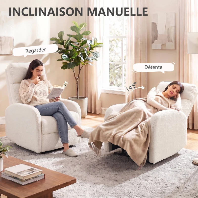 HOMCOM Fauteuil Relax Inclinable, Fauteuil de Relaxation en Peluche Teddy, Assise à Ressorts, Accoudoirs Rembourrés, Crème