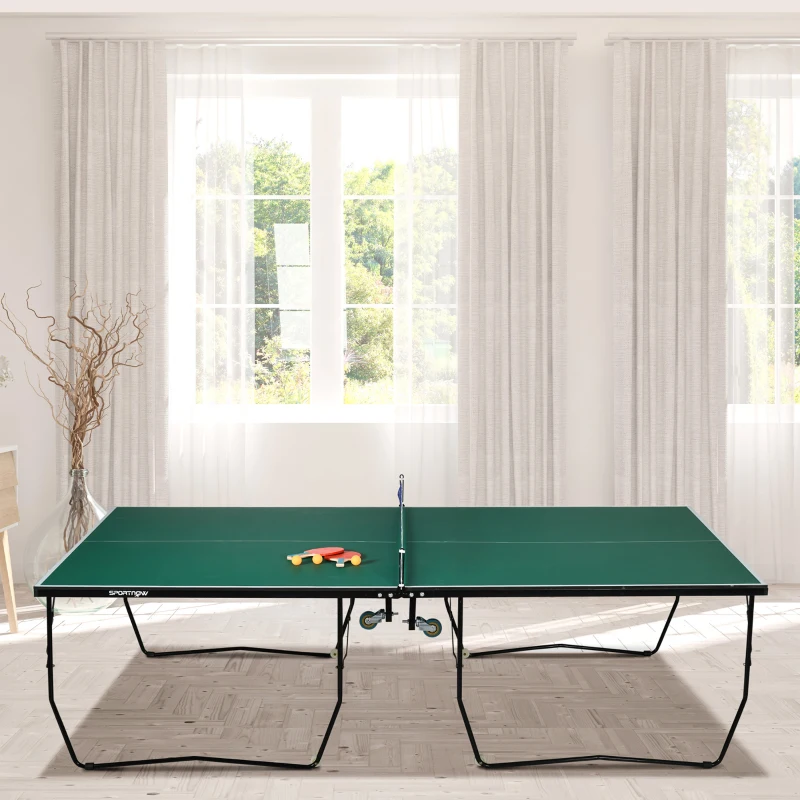 SPORTNOW 9FT Folding Tennis Table, with 8 Wheels, for Indoor Use, Green